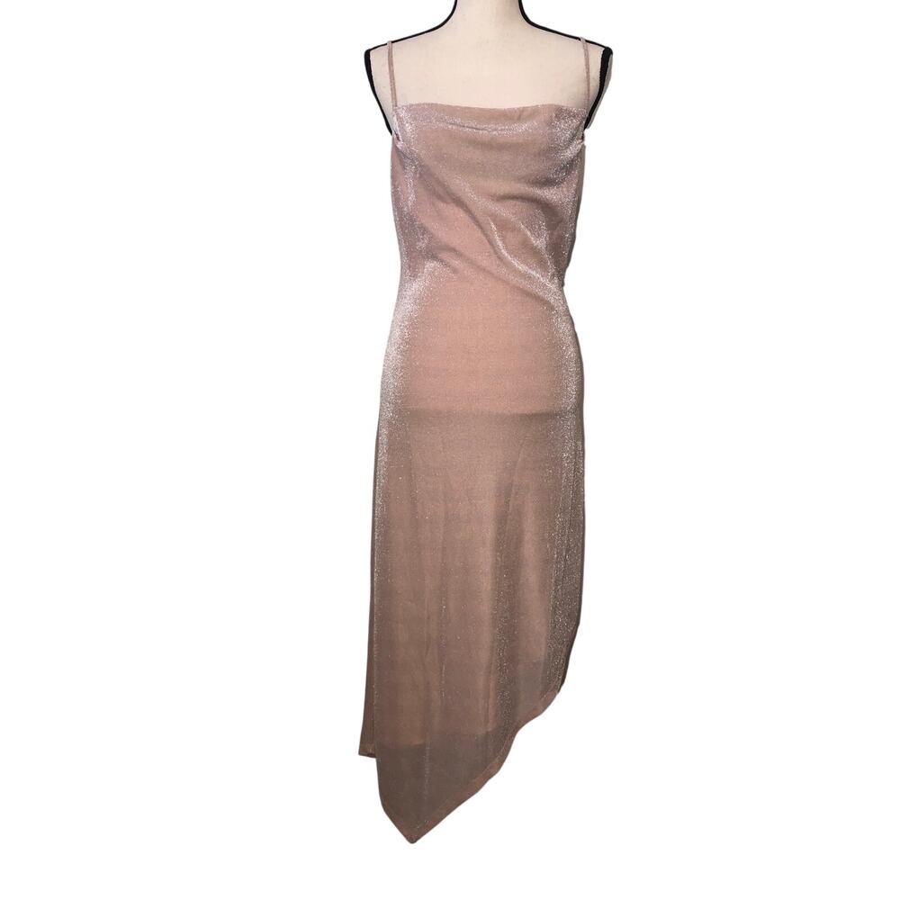 Donna Mizani Carrie Midi Dress Pink Nude Size S Metallic Asymmetric Hem Coquette